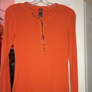 Free People Tangerine Thermal Henley w/Glass Buttons